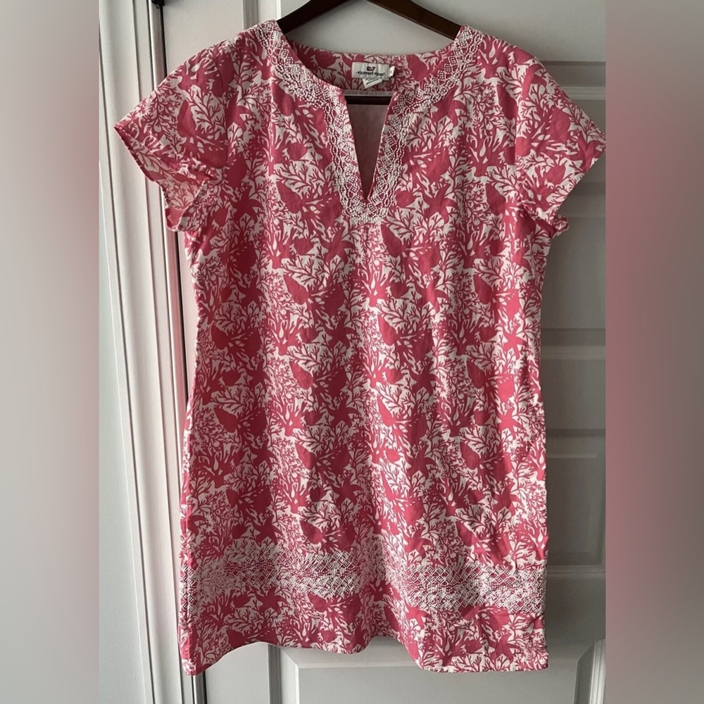 Vineyard Vines Womens Pink & Wht Linen Cotton Dress Size 14 Embroidered EUC